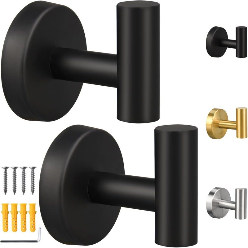 Mdvora 2 Pack Matte Black Towel Hooks, SUS304 Stainless Steel Bathroom Hooks for Bedroom Kitchen Hotel Office - Image 1